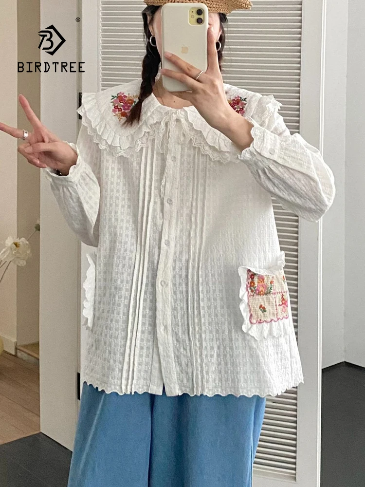

New 2025 Autumn Cotton Long Sleeve Shirt, Women Peter Pan Collar Lace Embroidery, Mori Girl Chic Versatile Loose Blouse T57852CC