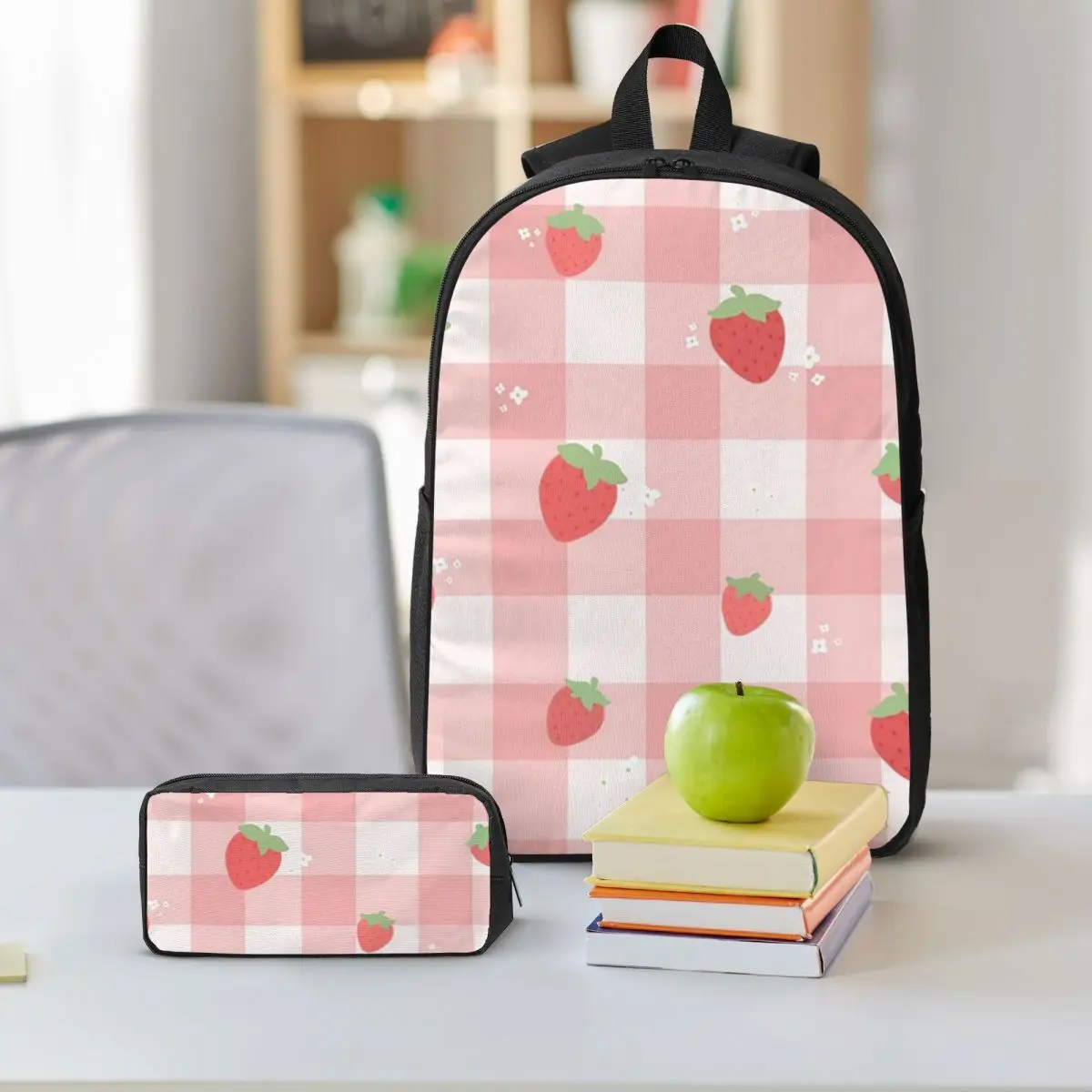 Strawberry Plaid Backpack Boys Girls BookBag School Bag Shoulder Bags 3ps Insulated Lunch Bag Pencil Case