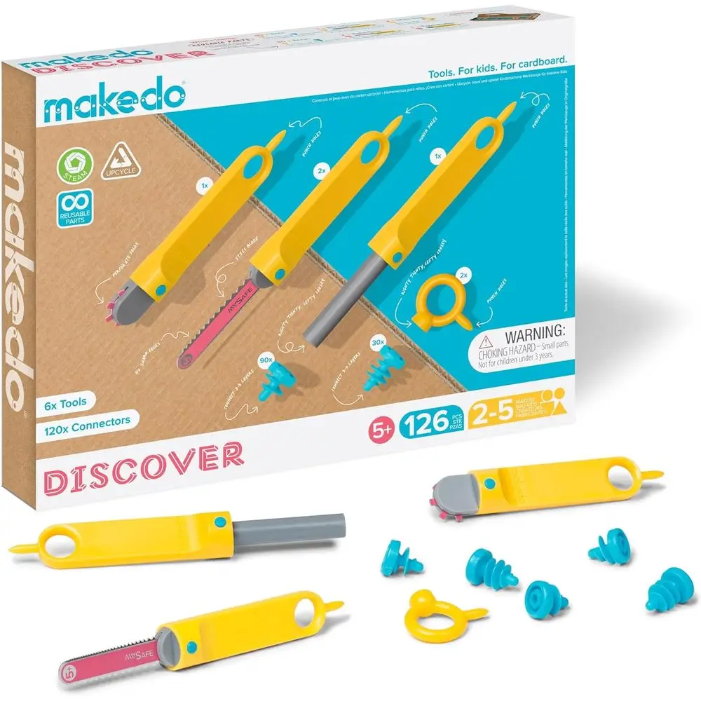 

Upcycled Cardboard STEM/STEAM Tool Kit in Compact Box, 126 Pieces, for Ages 5+, Educational Toys for Home & School