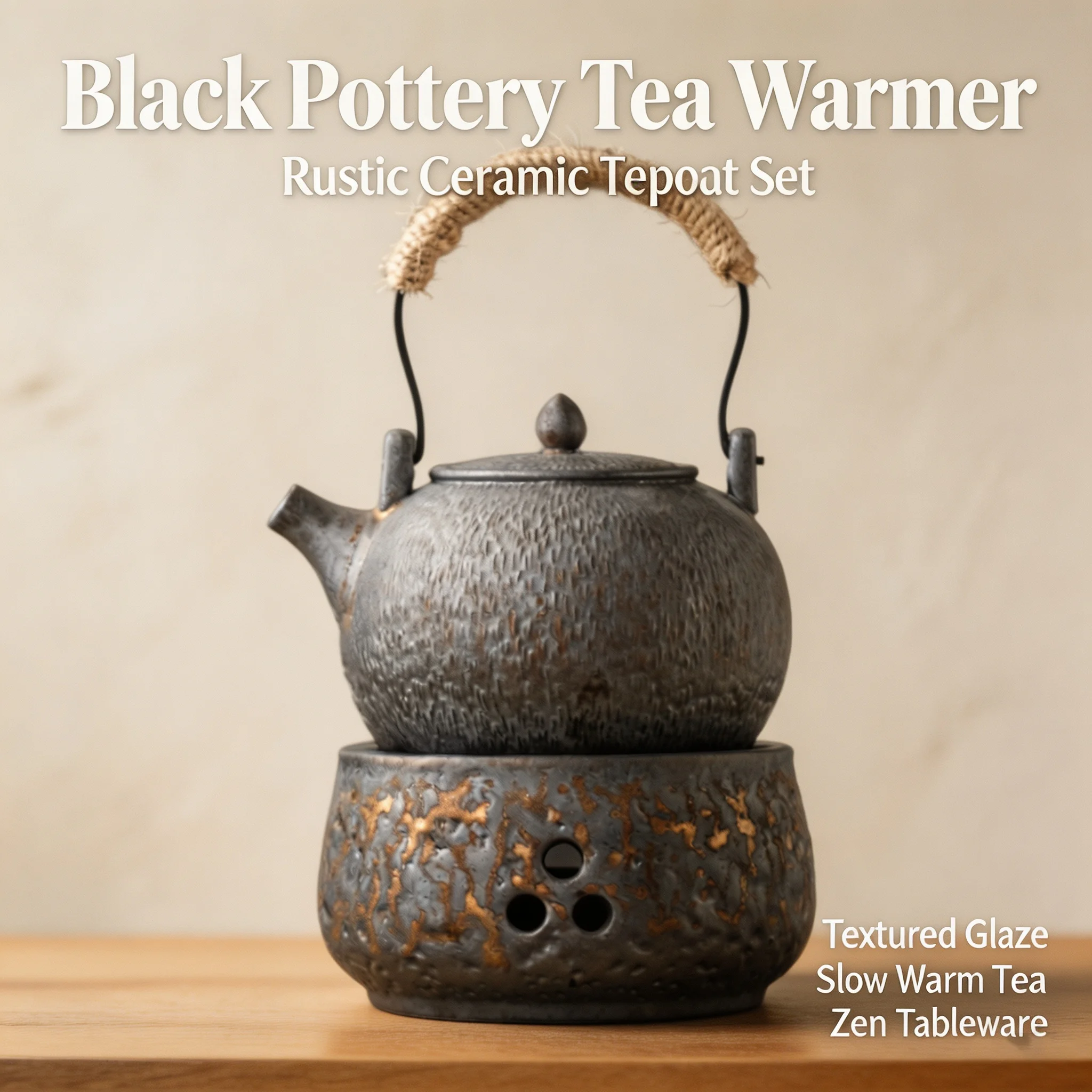 Retro Texture Gold Plated Earthenware Tea Pot And Warmer Set Japanese Style Ceramic Tea Brewing Pot for Home Tea Room Gifts