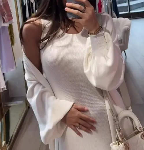 

Elegant Knitted Long Skirt Set 2025 Spring Autumn New Round Neck Temperament Slim Fit Vest Dress & Long Sleeve Longline Cardigan