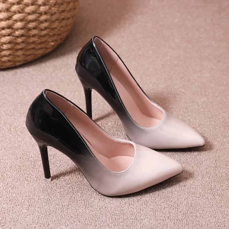 Fashion Gradient High Heels for Women's 10cm Sexy Fine Heel Pumps Party Plus Size 43 Pointed Toe Wed Shoes Patent Leather Dress