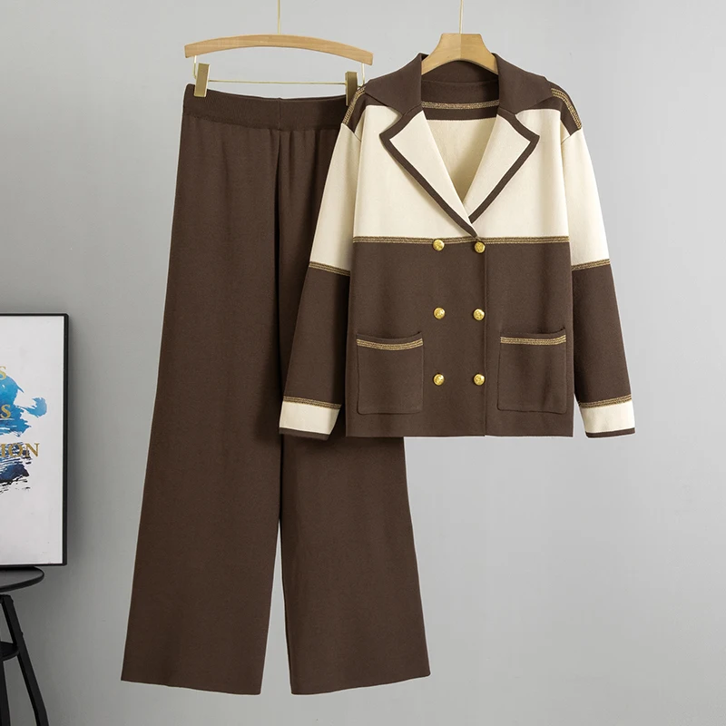 

2025 Autumn And Winter Knitted 2 Piece Sets Women Long Sleeve Collar Cardigan Tops Wide Leg Pants Stretch Matching Suit Outfit