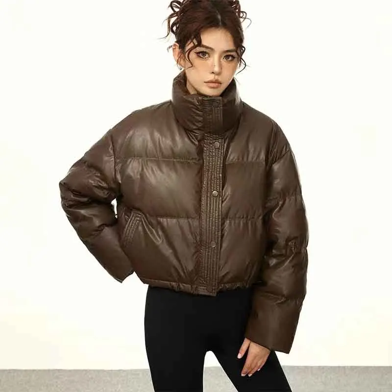 Fashion Faux Pu Puffy Crop Parkas Women Y2K American Streetwear Biker Stand Collar Jackets Female Long Sleeve Warm Down Coats