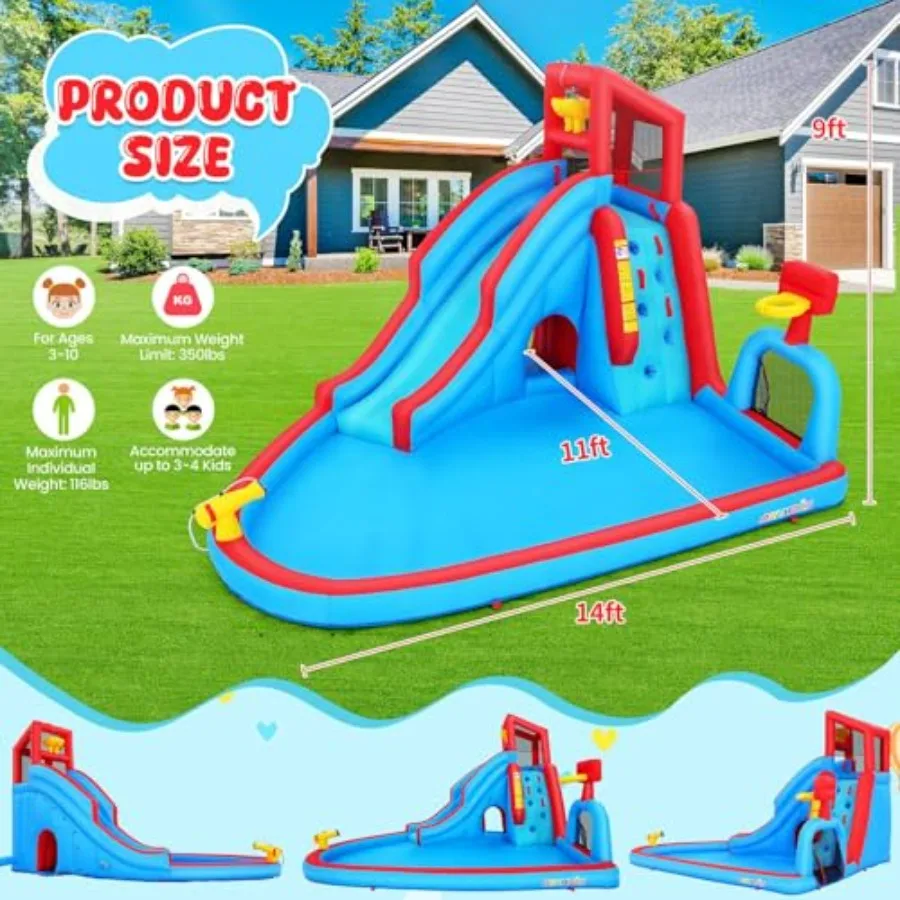 Backyard outdoor water slide inflatable bounce house park for kids: PVC material, blue and yellow, with climbing wall, long sli view 6
