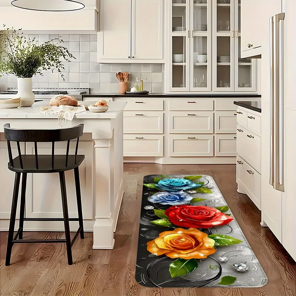 Glossy Silver Black Background Vibrant Multicolor Rose Crystal Leaf Runner Rug,washable mat for indoor bathroom home floor space