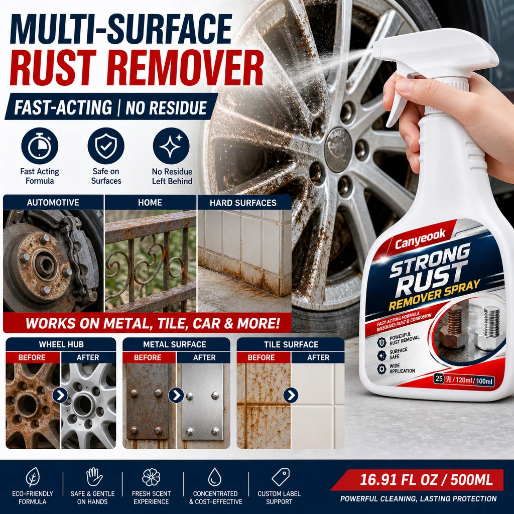 CANYEOOK Rust Remover Spray - Fast-Acting, Multi-Surface Cleaner for Metal, Tile, Car, Home, Non-Damaging, Residue-Free 500ml