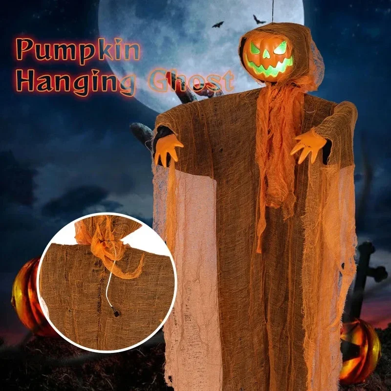 

2024 Halloween Hanging Pumpkin Hanging Head Green Light Scary Voice Ghost House Pumpkin Head Prop Halloween Courtyard Decoration