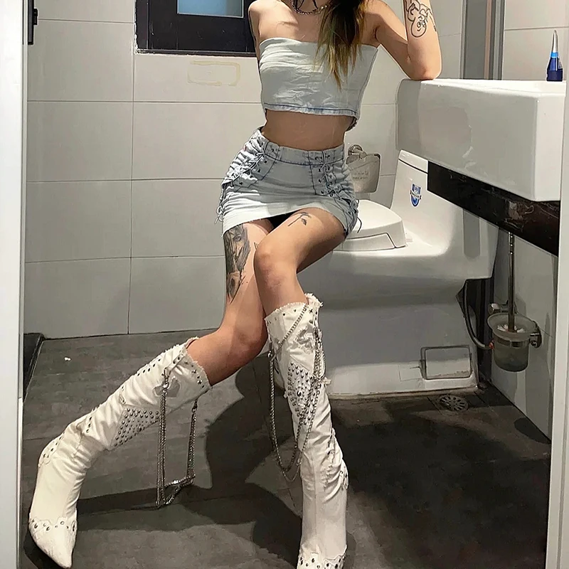 

Metal Chains Rivets Embellishment Metal Stiletto Heels Knee High Boots Punk Hot Girl Pointed Toe High Heels Shoes Winter