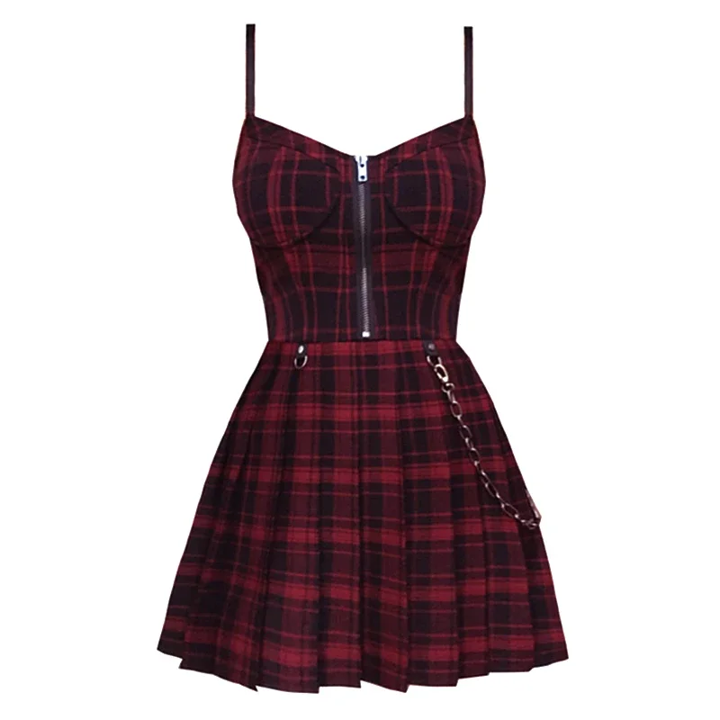 

Gothic Girls Sexy Sling Dress Preppy Style Summer Red Balck Pleated Plaid Women Sleeveless Mini Short Dress Punk Streetwear