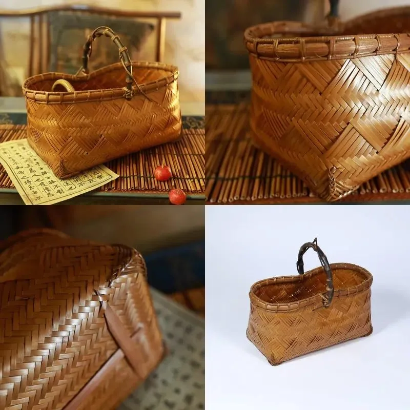 for Retro hand-woven bamboo basket, lacquered purple bamboo handle, unique peanut pattern, handmade home decoration gifts