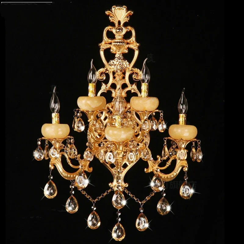 Gold 5-arm large living room wall light hotel fixtures Retro Corridor Wall sconce  Bedroom  Villa hall  Crystal Lamp