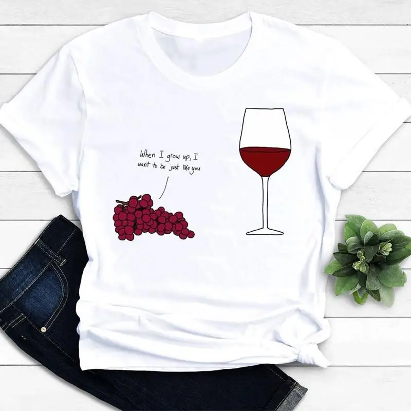 Women's Vintage Tee Color Wine Glass Print a Generation Hair Base Shirt Trend Aesthetic Graphic T Shirts Casual Tops