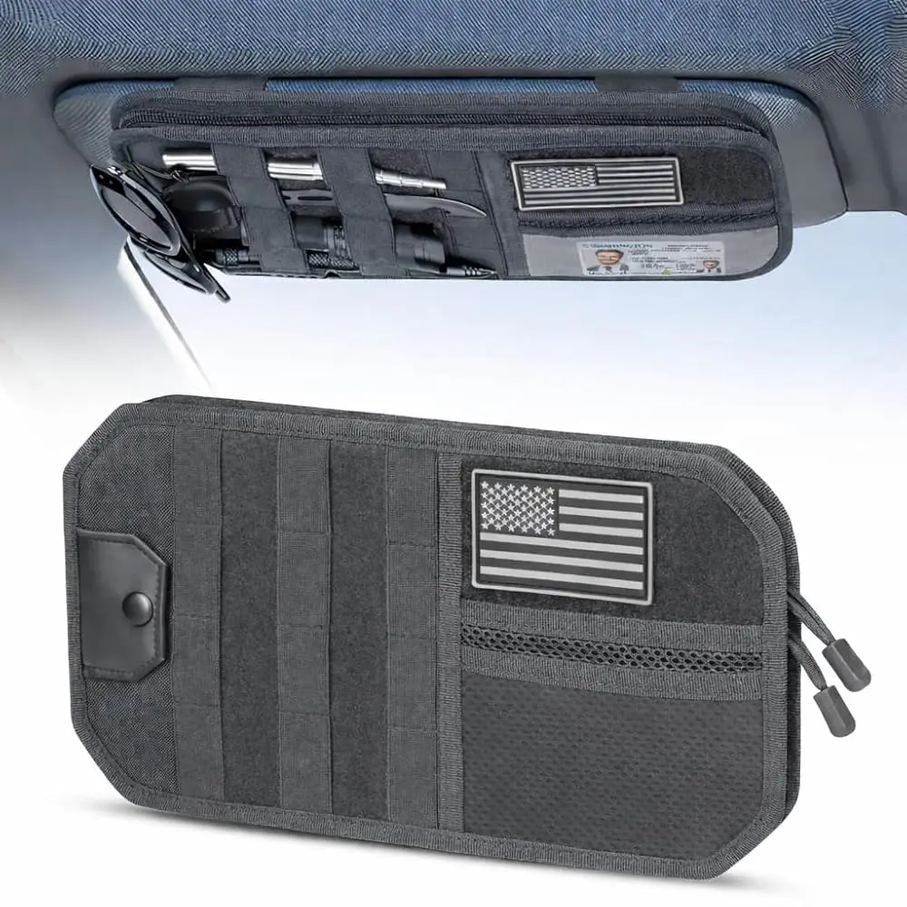 

Органайзер на козырек автомобиля Molle, из полиэстера 1000D, сверхпрочный, с держателем для солнцезащитных очков, карманами, регулируемым креплением