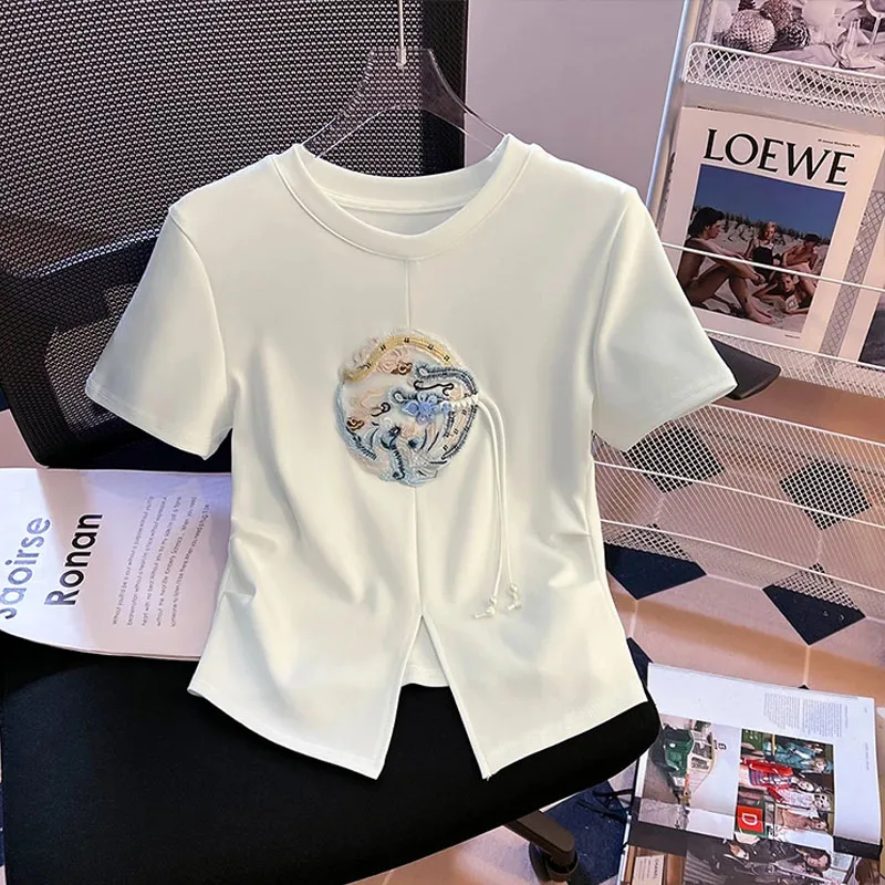 

Chic Vintage Embroidery phoenix Graphic Crewneck T-shirt Comfy Stretchy Women Clothing white Basic Tee Graphic T-shirt