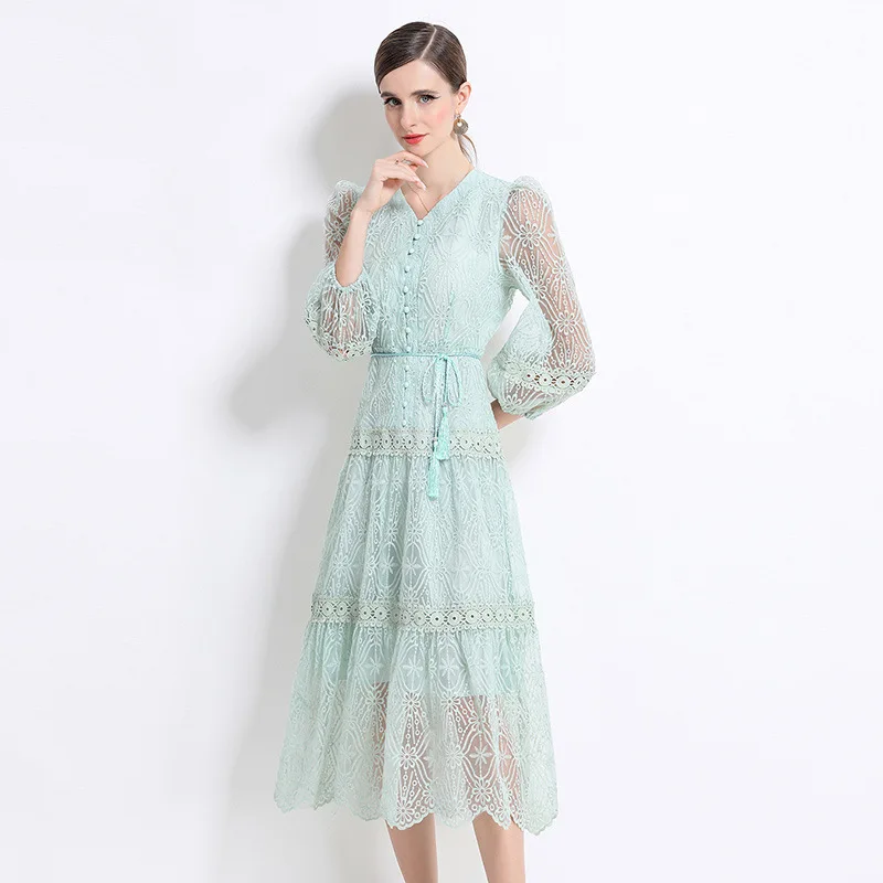 우아한 레이스 브이넥 랜턴 소매 드레스 여성용 단추 슬림핏 미디 드레스 여름 두꺼운 바람막이 스타일 중국산