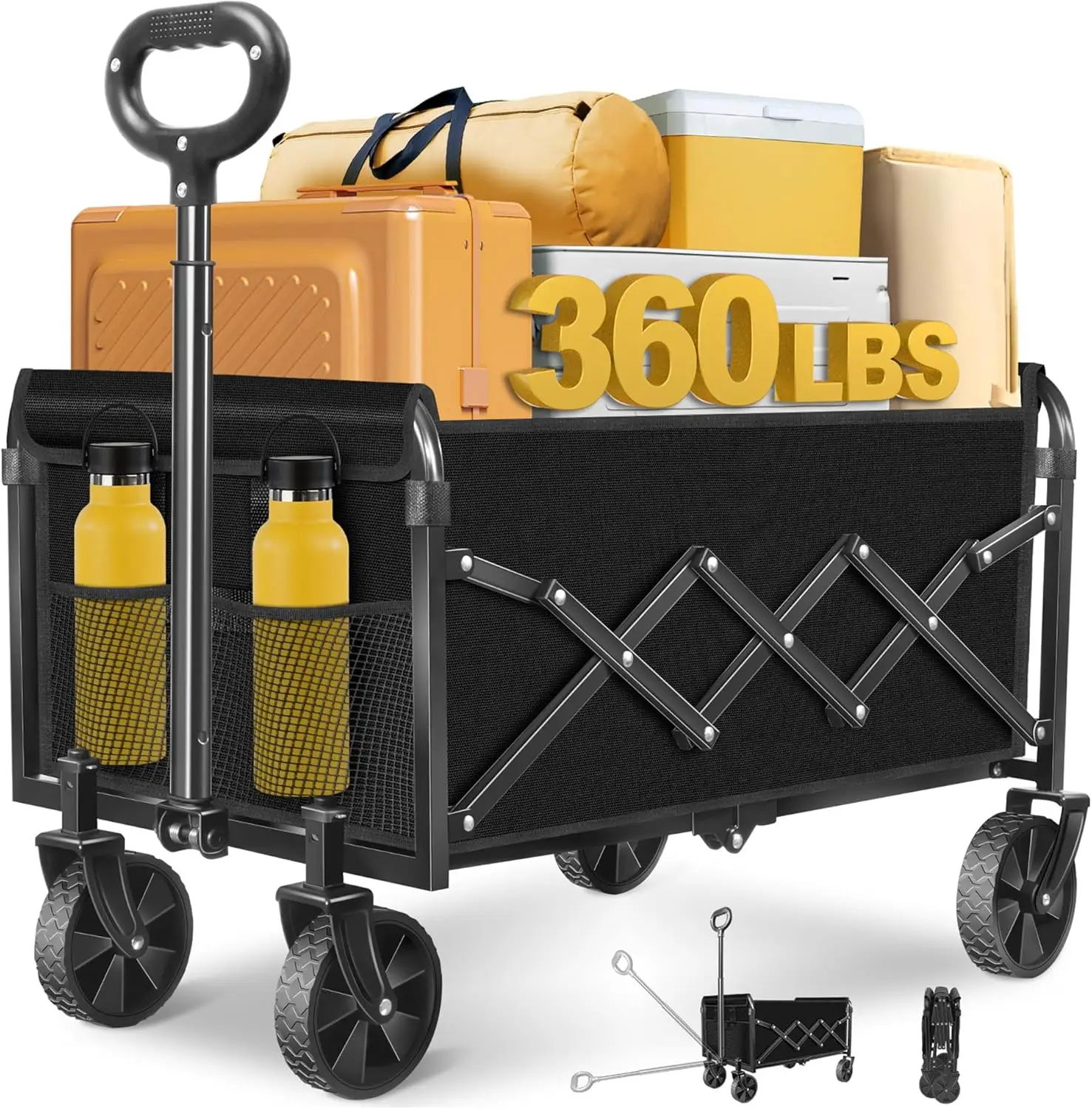 

Foldable Wagon Cart with All-Terrain Wheels & Cup Holders, Portable for Beach Camping Garden, 360 LBS Capacity