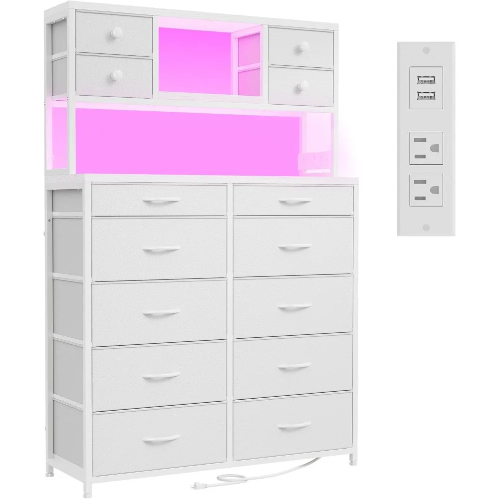 Tall Dresser for Bedroom with 14 Fabric Drawers,White Dresser with Charging Station and LED Lights,Dressers & Chests of Drawers