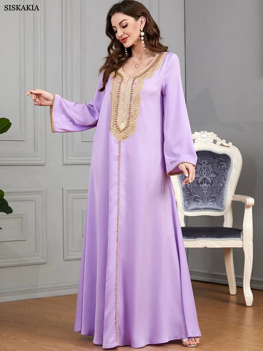 Siskakia donna Galabiyat moda solido perline manica intera scollo a v elegante Casual musulmano marocchino femminile abito lungo