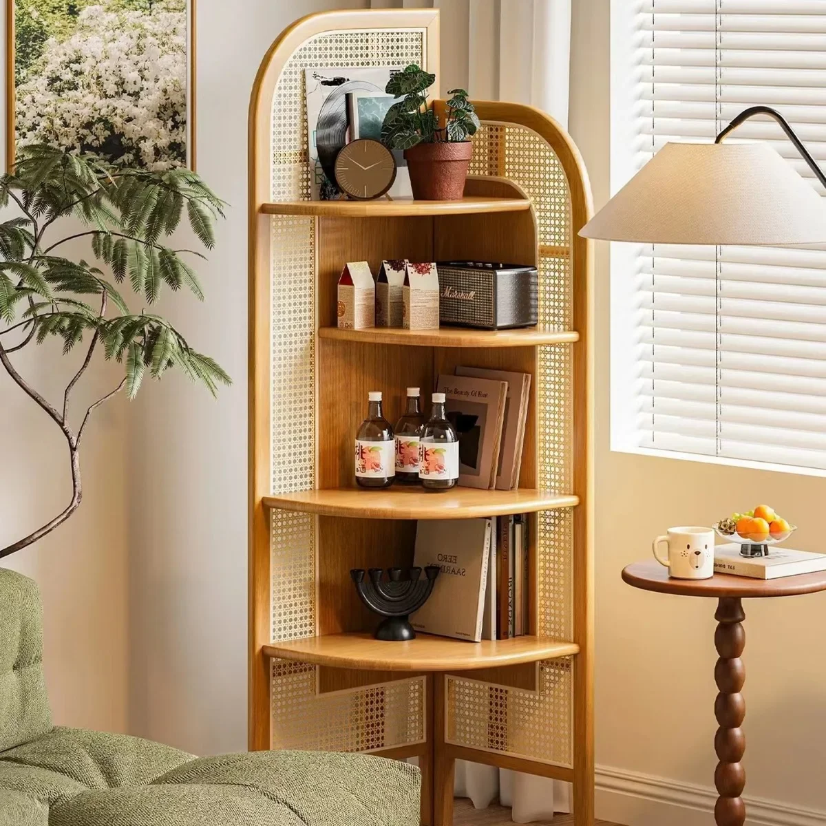 Floor-to-ceiling bookshelf retro rattan triangular cabinet removable corner rack shelf