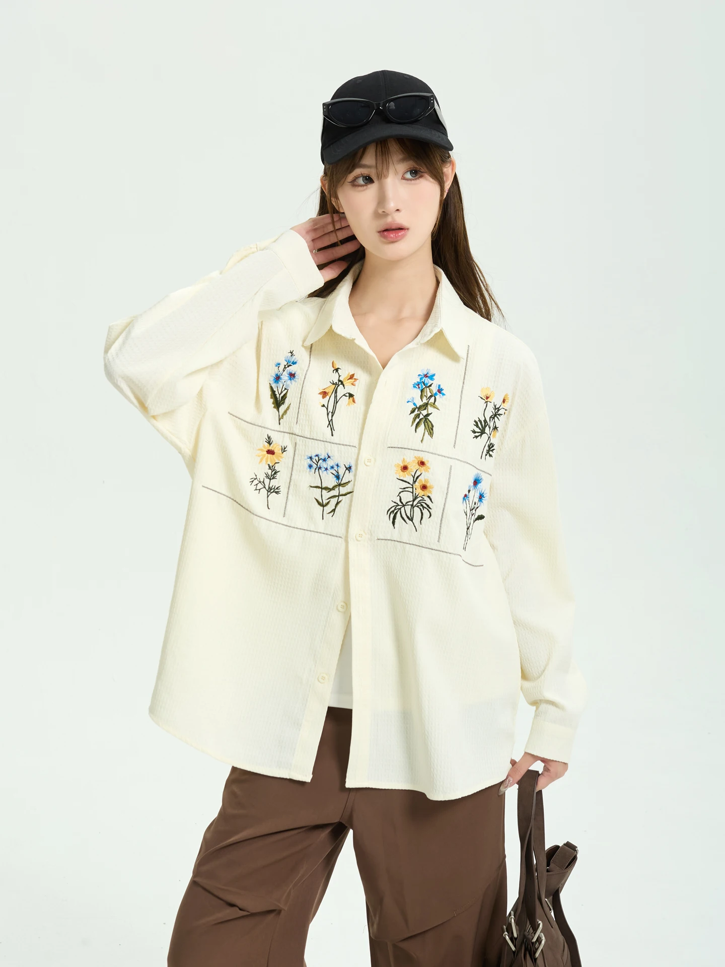 

7KEEWEN Рубашка-топ в американском ретро-стиле для ранней осени, свободного кроя, с длинным рукавом, вышивкой и цветочным принтом, модная, с отложным воротником