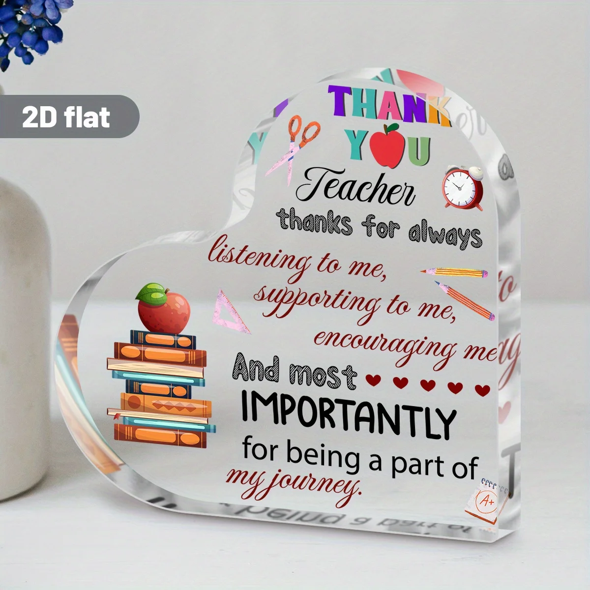 2D Flat, 1pc Teacher Appreciation Gift - Heart-Shaped Acrylic Plaque & Paperweight with Thank You Message, /Book/Pencil Decor