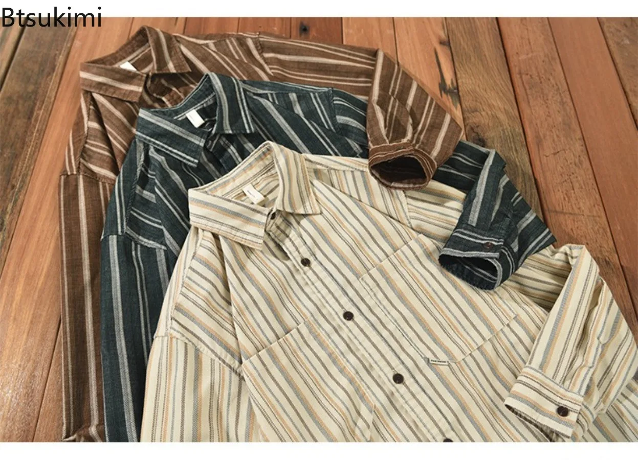 New Vintage Stripe Casual Men's Shirts Spring Autumn Fashion Streetwear Long Sleeve Single Breasted Loose Shirt Coats Youth Tops