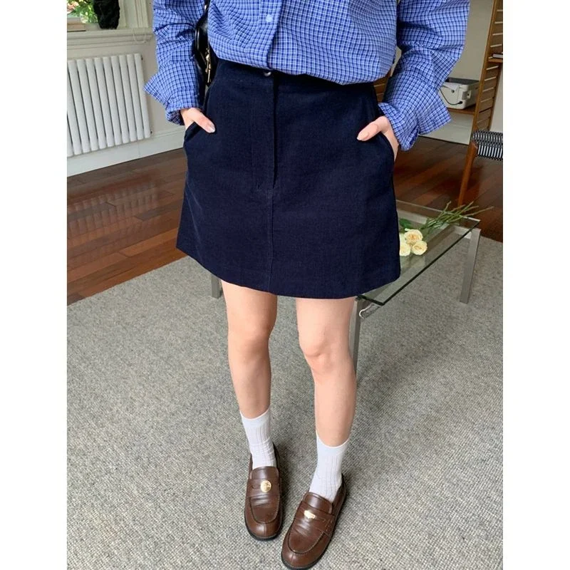 Deeptown Elegant Korean Style Mini Skirts Sweet Retro Autumn Winter Corduroy Skirt A-line Casual High Waist Solid Short Skirts