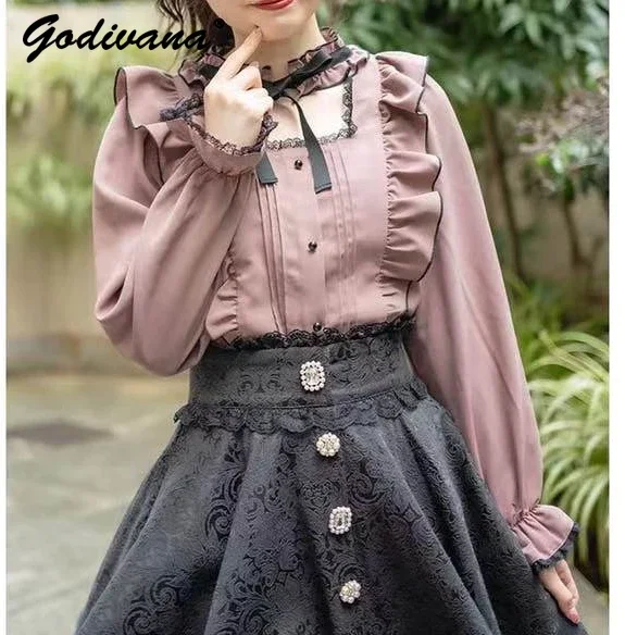 

Japanese Rojita Style Sweet Lolita Pink Blouse Shirt Camisas Spring Autumn Women's Puff Long Sleeve Bow Blouse Top Mujer