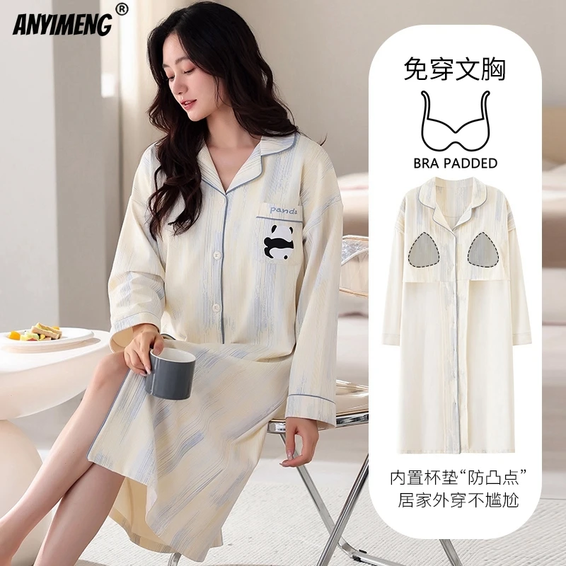 M-5XL Plus Size Cotton Nightgowns Autumn Winter Women Long Sleeves Nightgown V-neck Bra Padded Sleepshirts Casual Nightdress