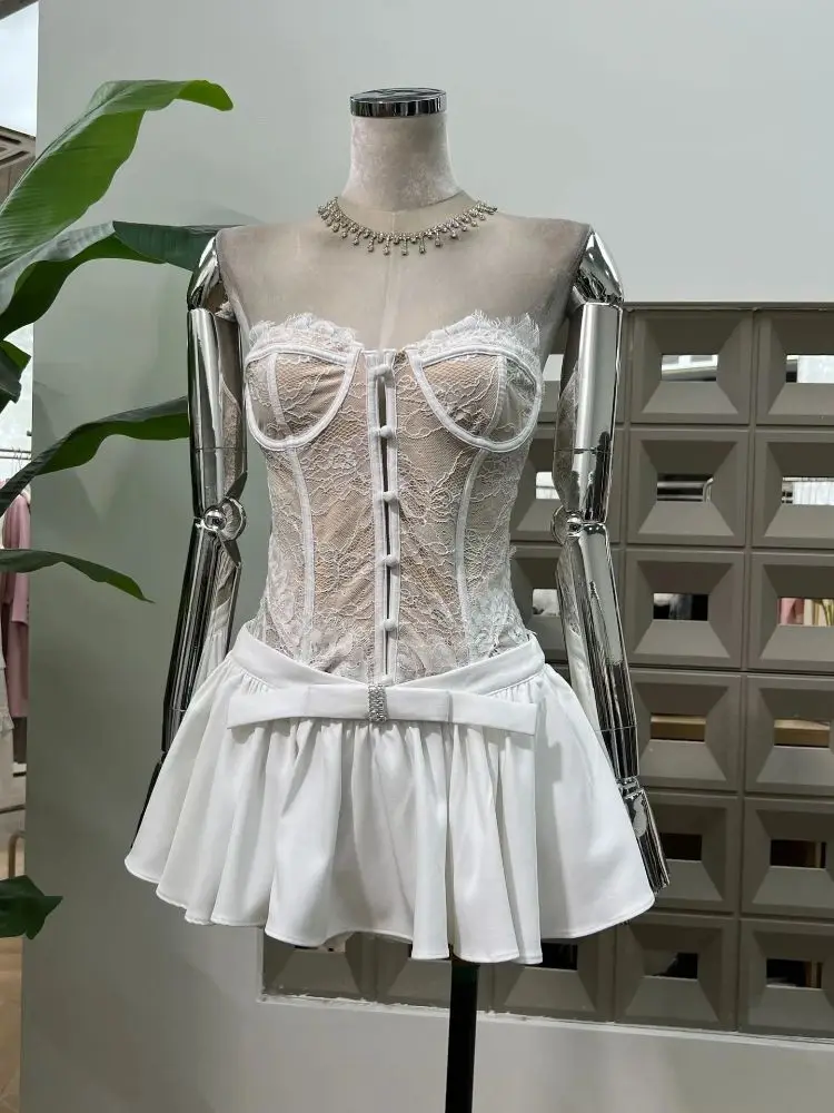 2025 Summer New Sexy Lace Corset Top+ Low Waist Flower Mini Skirt Set Women Elegant Party Nightclub Y2K Two Piece Dress Outfit