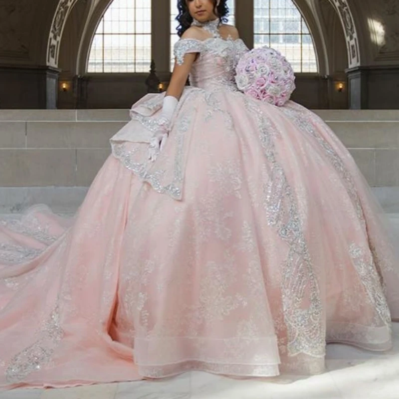 

Розовые платья для церемонии Quinceanera с открытыми плечами, аппликацией, кружевом, бисером, кристаллами, бантом, корсетом, для вечеринки, дня рождения, Sweet 16, Vestidos 15 De
