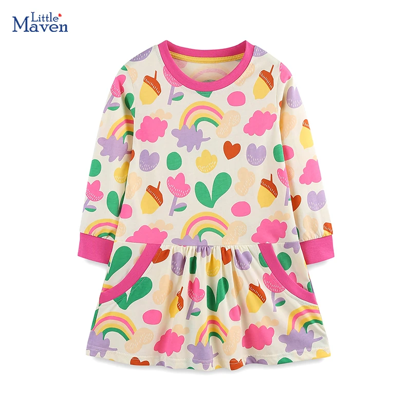 

Little maven 2025 New Autumn Spring Baby Girls Cartoon Flowers Rainbow Dress for Girl Kids Clothes Cotton Long Sleeve Dresses