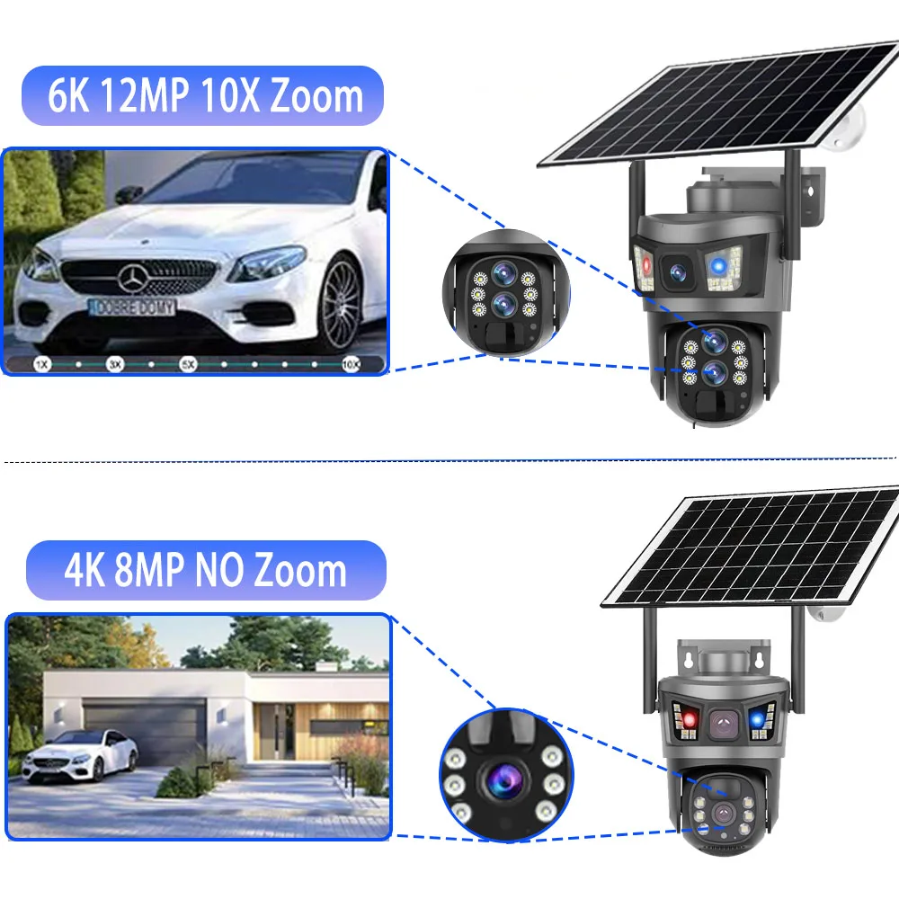 Solar Outdoor Surveillance Camera 10X Zoom 12MP 4G Sim 6K Three Lens Security 360 Human Auto Tracking Surveillance Cam V380 Pro
