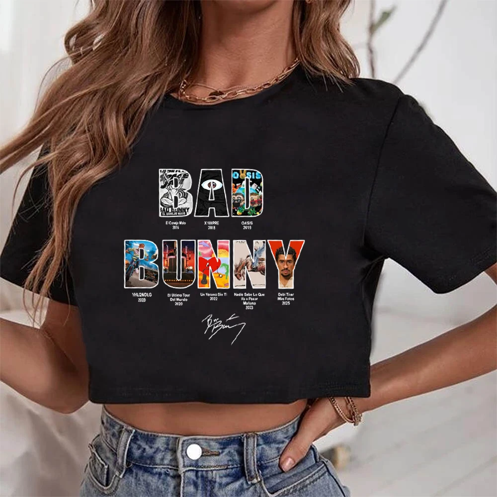 Debi Tirar Mas Fotos Shirt B Bunny Alle Alben Crop Tops T-Shirt Mädchen Mode Damen O-Ausschnitt Kurzarm Fans Geschenk T-Shirt