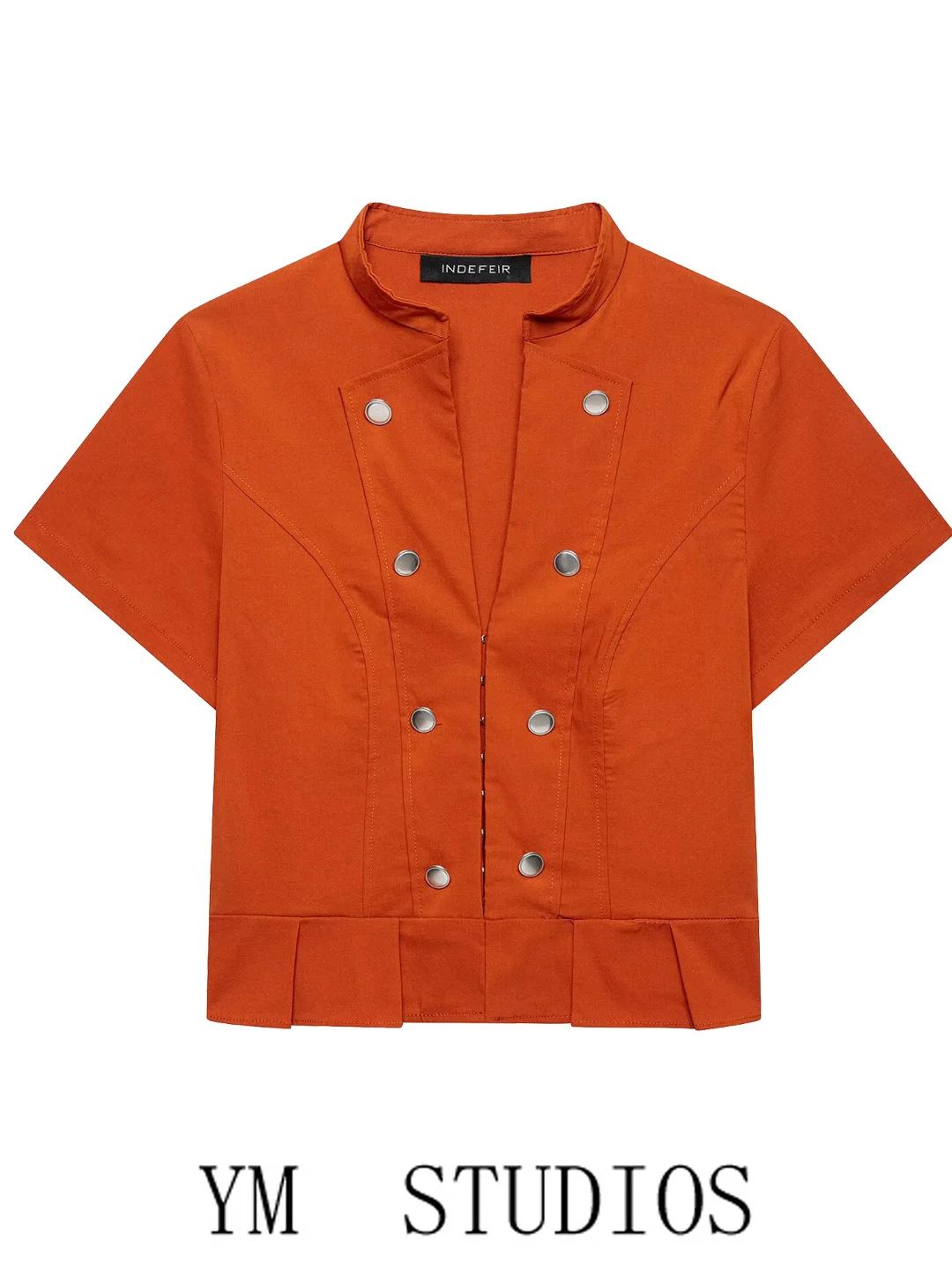 Women's Fashionable Short Sleeve Shirt Orange Stand Collar Button Decorated Slim Fit Polyester Fiber Skin Friendly Breathable...