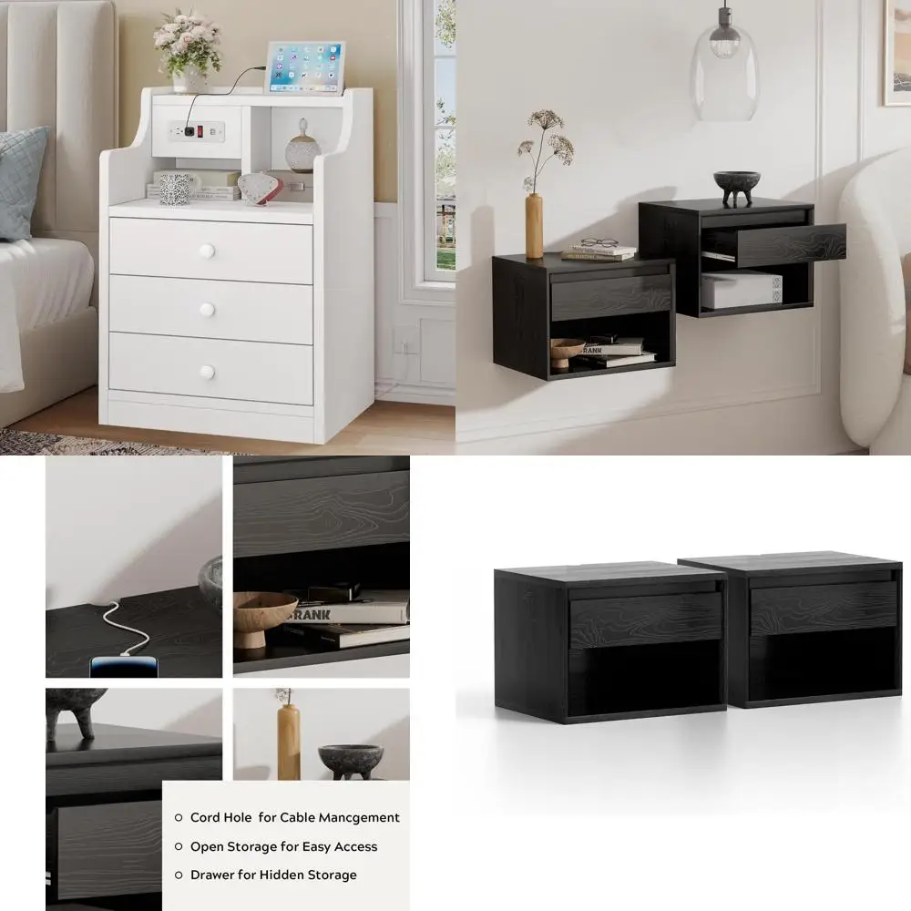 منضدة حديثة لمحطة شحن مع 3 أدراج، وطاولة بجانب السرير مع قاعدة تخزين، وطاولة نهاية أنيقة لغرفة النوم #1