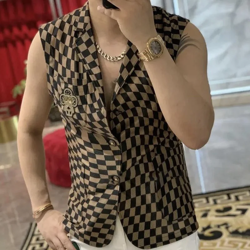 

Shirt For Men Sleeveless 2022 New Arrival Summer Male Top Floral Suit Collar Slim Checkered Fashion Korean Style S40