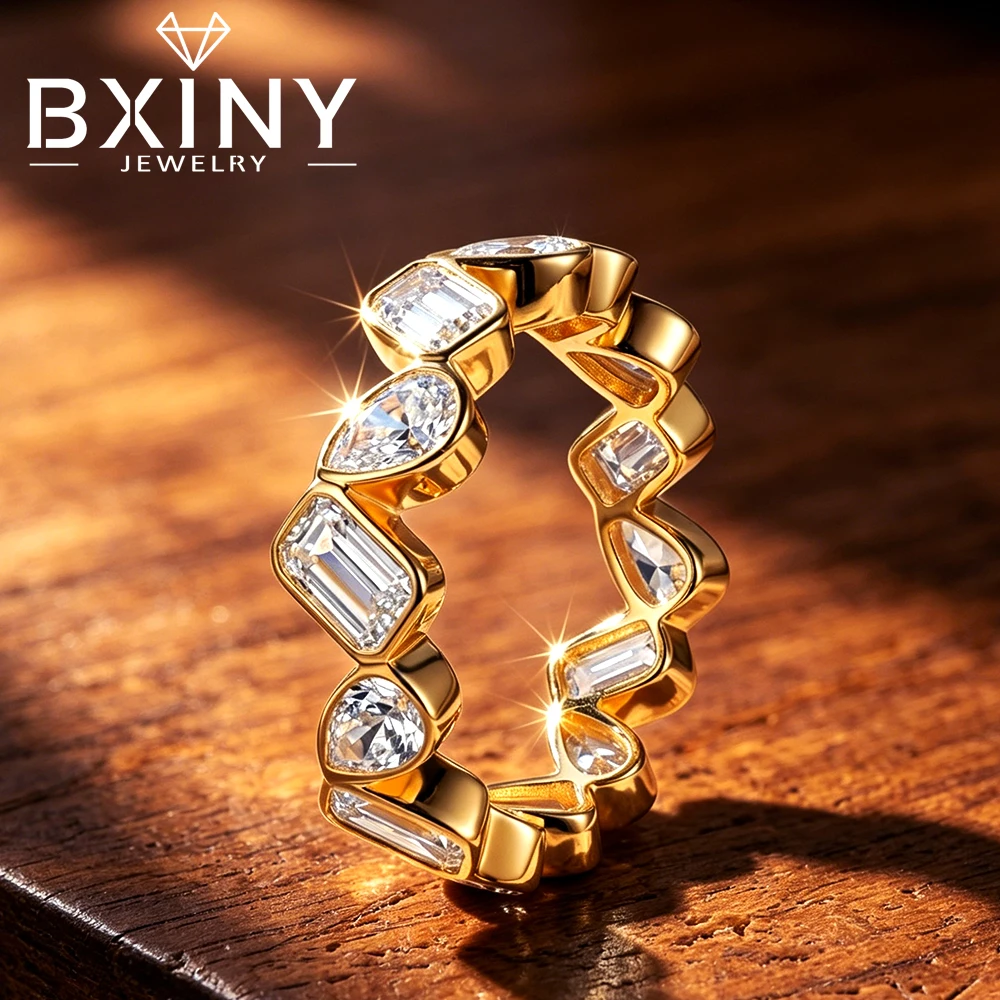 

BXINY Bezel Set Moissanite Eternity Band S925 Silver Pear&Emerald Cut Multi Shaped Diamond Rings For Women Wedding Gifts Jewelry