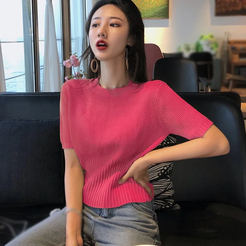 Women\'s Korean Solid O Neck Casual Slim Knitted Short Sleeve Crop Top T-Shirt Spring