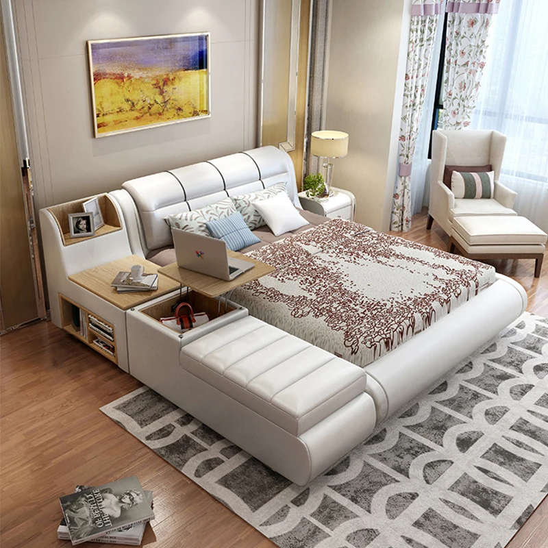 #Hot Selling Modern Leather Bed with Solid Wood Frame Wholesale Bedroom Furniture Featuring Storage Space and Drawers