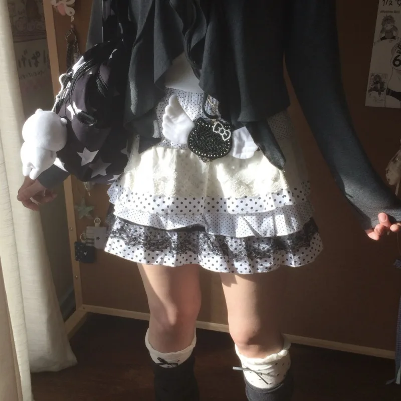 

Summer Vintage Lolita Polka Dot Lace Cake Skirt Women Japanese Kawaii Sweet Retro Fashion Y2K Aesthetic Ruffled Mini Skirt New