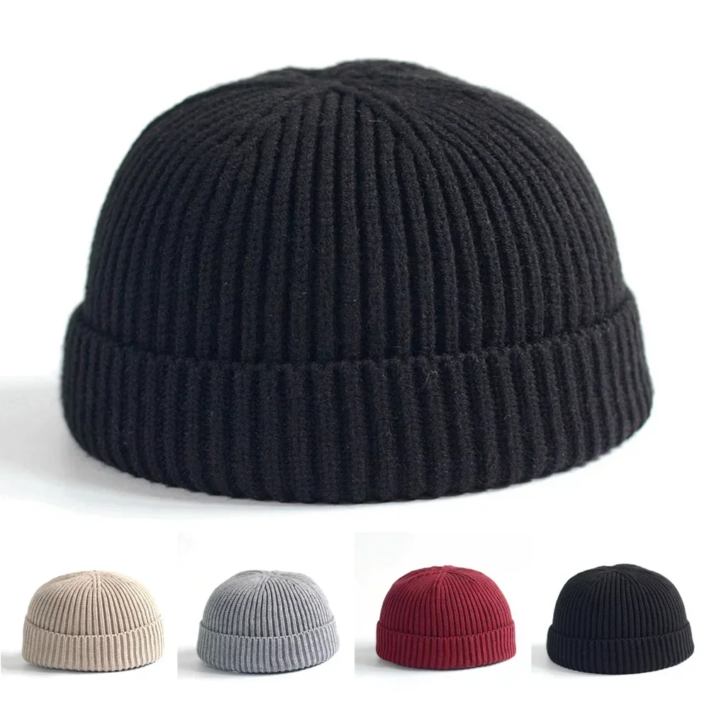 Men Women Knitted Hat Beanie Skullcap Sailor Docker Fisherman Cuff Brimless Cap Solid Color Warm Knitted Brimless Hat