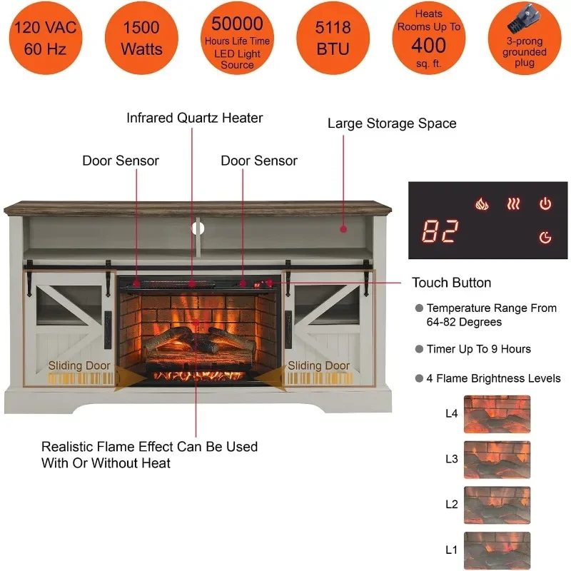 Fireplace TV Stand with 3D Flame Effect and Door Sensor - Entertainment Center with 26 inch Electric Fireplace
