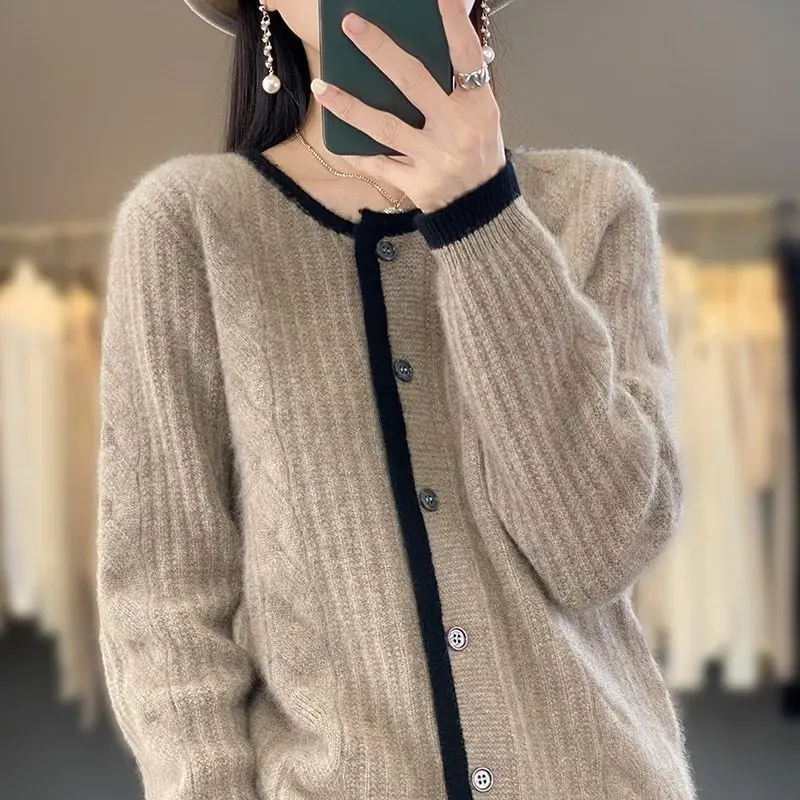 Women\'s Cardigan Button Screw Thread Autumn and Winter 2023 Round Neck Patchwork Printing Sweater Fashion Long Sleeve Knit Coat