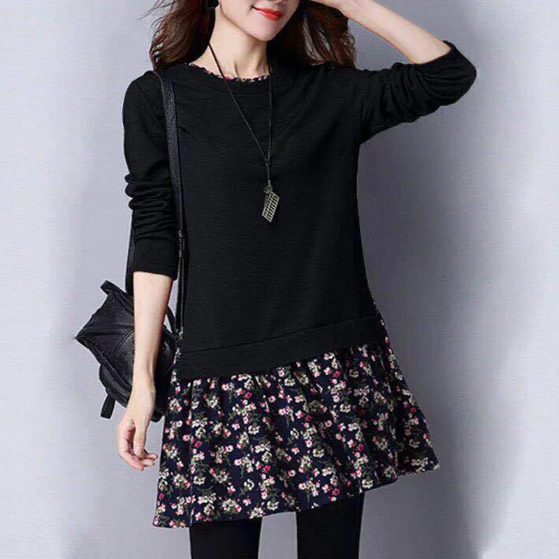 Spring Autumn New Floral Patchwork Top T Shirt Long Sleeve O-neck Loose Solid Plus Size Pullovers Vintage Casual Women Clothing