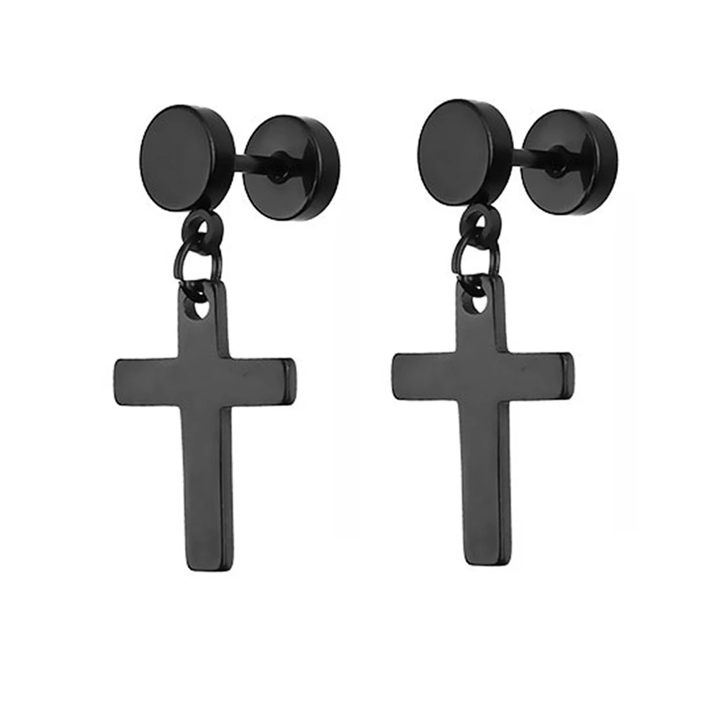 WKOUD Punk Black Cross Stainless Steel Hoop For Women Men Fashion Vintage Chain Pendants Hip Hop Jewelry Earrings Wholesale