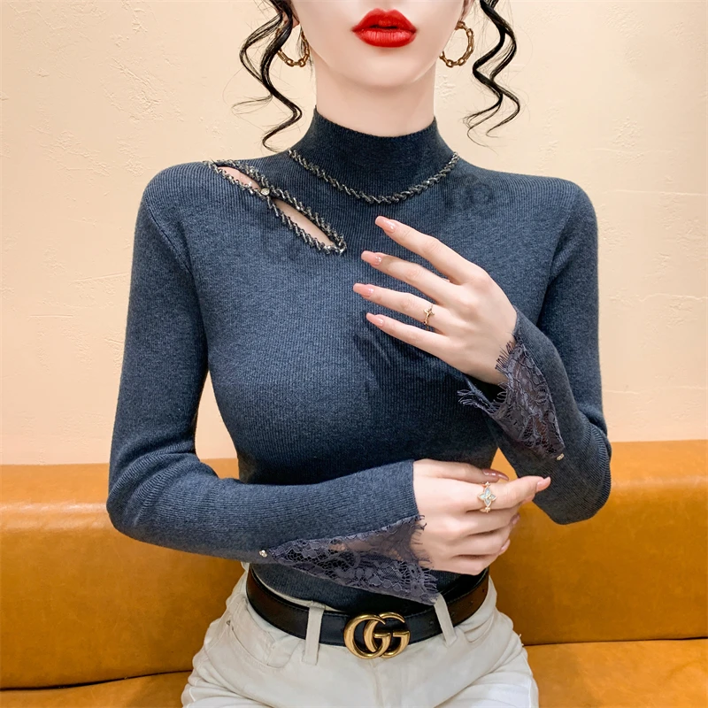 Kant Splice Hollow Out Gebreide Top Dames Slim Fit Hoge Kraag Innerlijke Slijtage Basis Irt Trui Bovenlichaam Koreaanse Sle pendelen