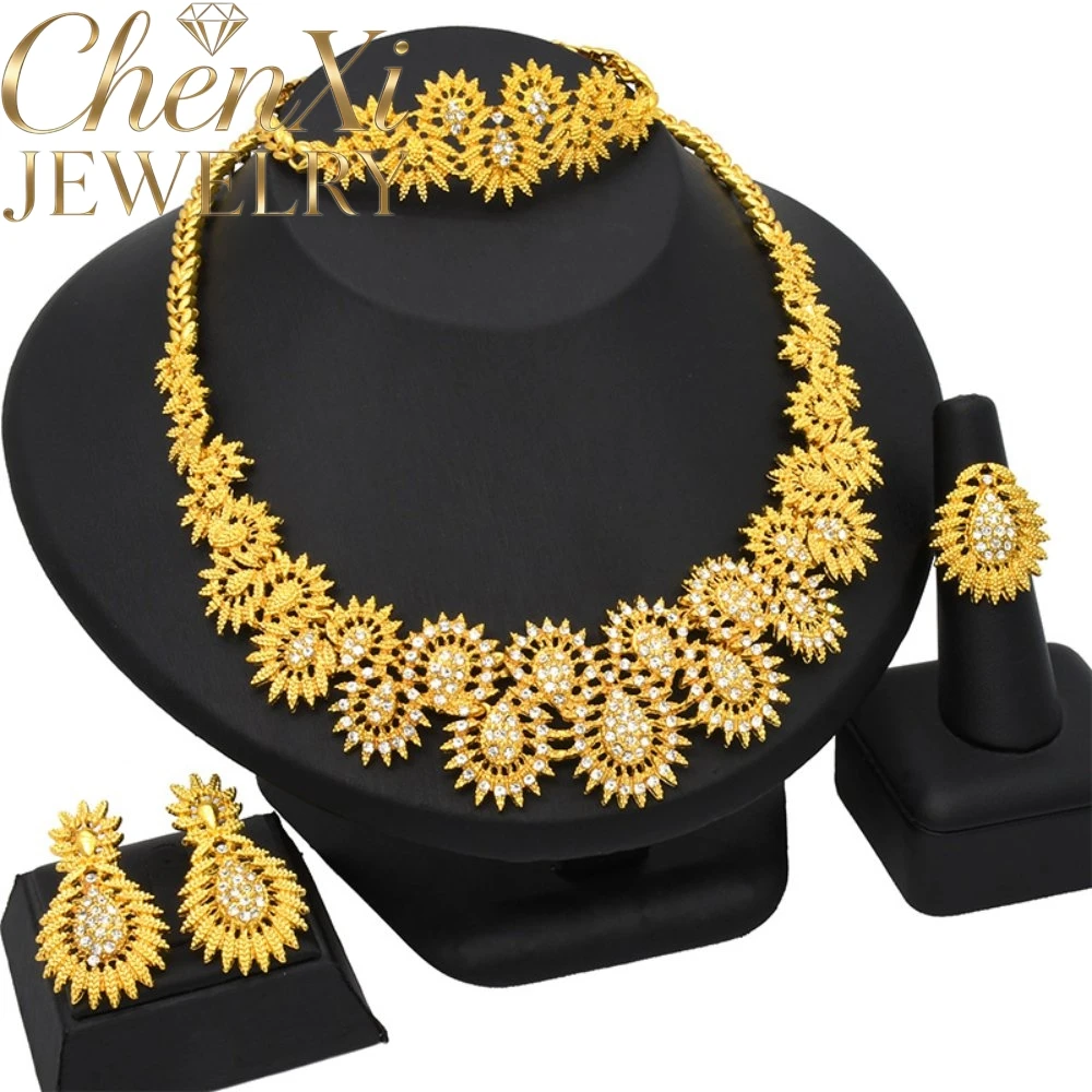 High-End Luxury Alluvial Gold Elegant Fashion Popular Jewelry Set Women Wedding Party Banquet Necklace Earrings Ring 4pcs Gift