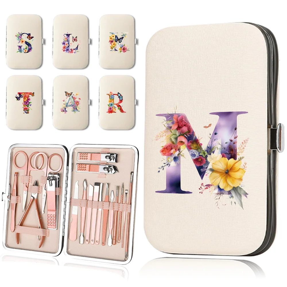 

18Pcs Portable Nail Clipper Manicure Set PU Case Stainless Steel Pedicure Kit Multifunction Nail Tools Butterfly Letter Pattern